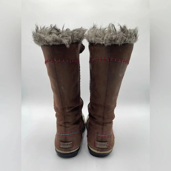 Sorel Cate the Great Tall Women’s Sz 7 Faux Fur Tusk Brown Leather Winter Boots - Picture 3 of 14